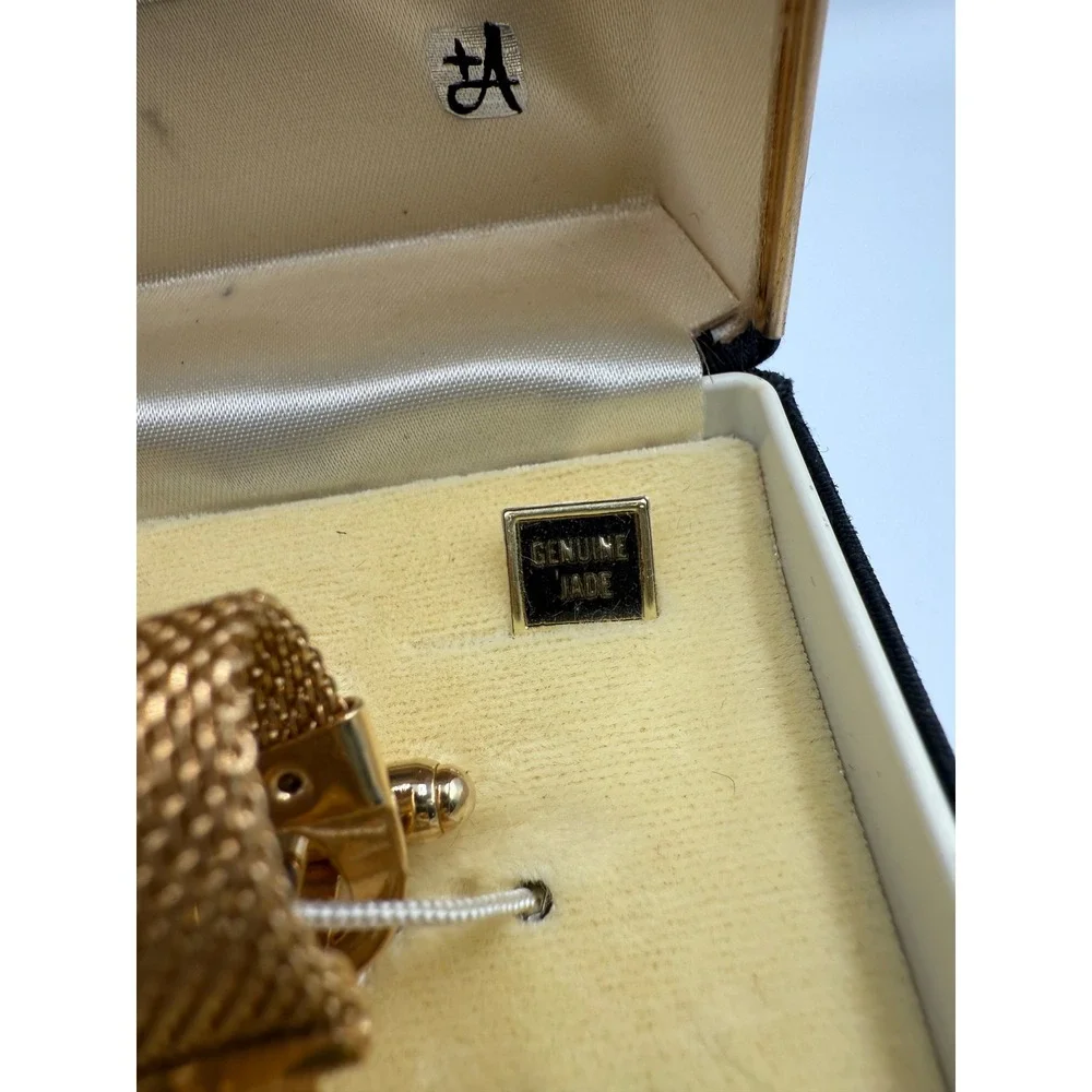 Vintage Anson Bamboo Genuine Jade Cufflinks and Tie Clip Set Gold Tone Mesh Box